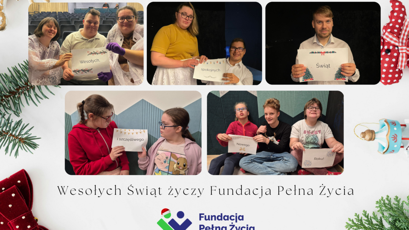 kartka świąteczna, na niej zdjęcia Podopiecznych Fundacji z kartkami: spokojnych i wesołych świąt oraz szczęśliwego nowego roku