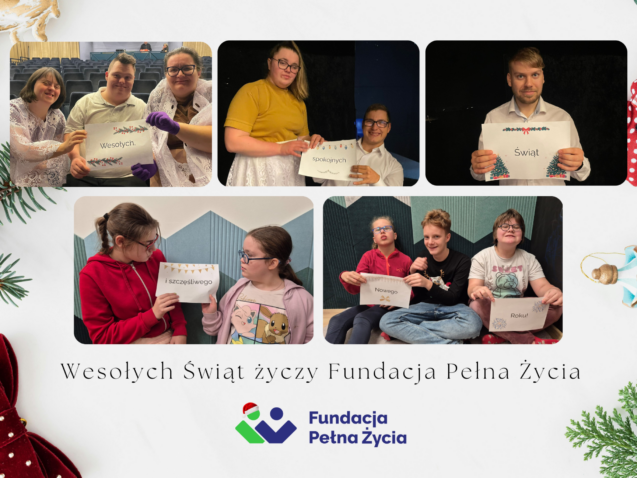 kartka świąteczna, na niej zdjęcia Podopiecznych Fundacji z kartkami: spokojnych i wesołych świąt oraz szczęśliwego nowego roku